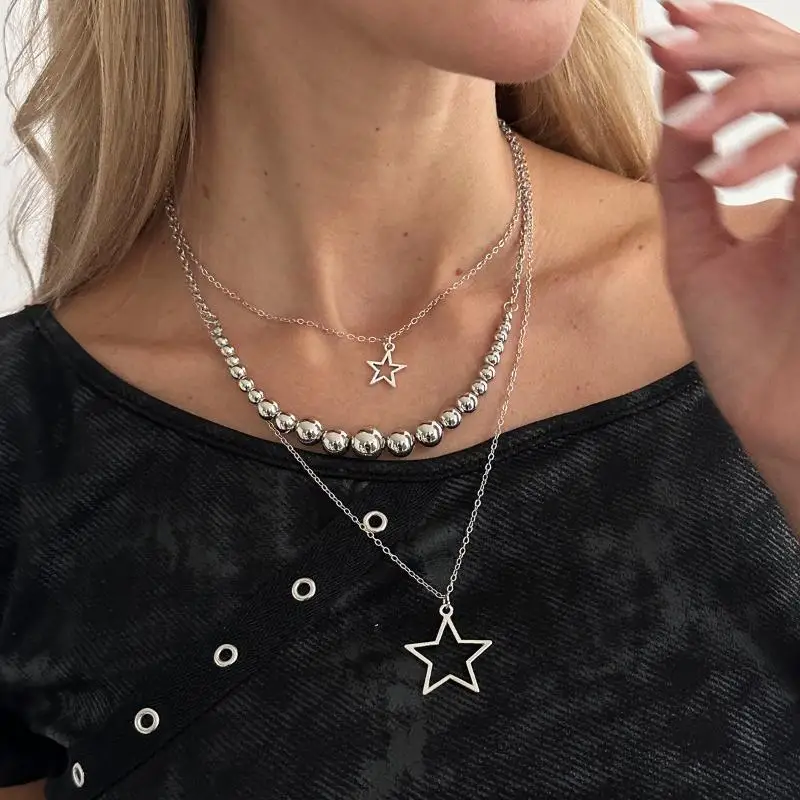 Modische Metall-Sternanhänger-Halskette für Frauen, Punk Hip Hop Silberfarben, mehrschichtige Pentagramm-Quasten-Halskette, Y2K-Schmuckgeschenk – Detail 27