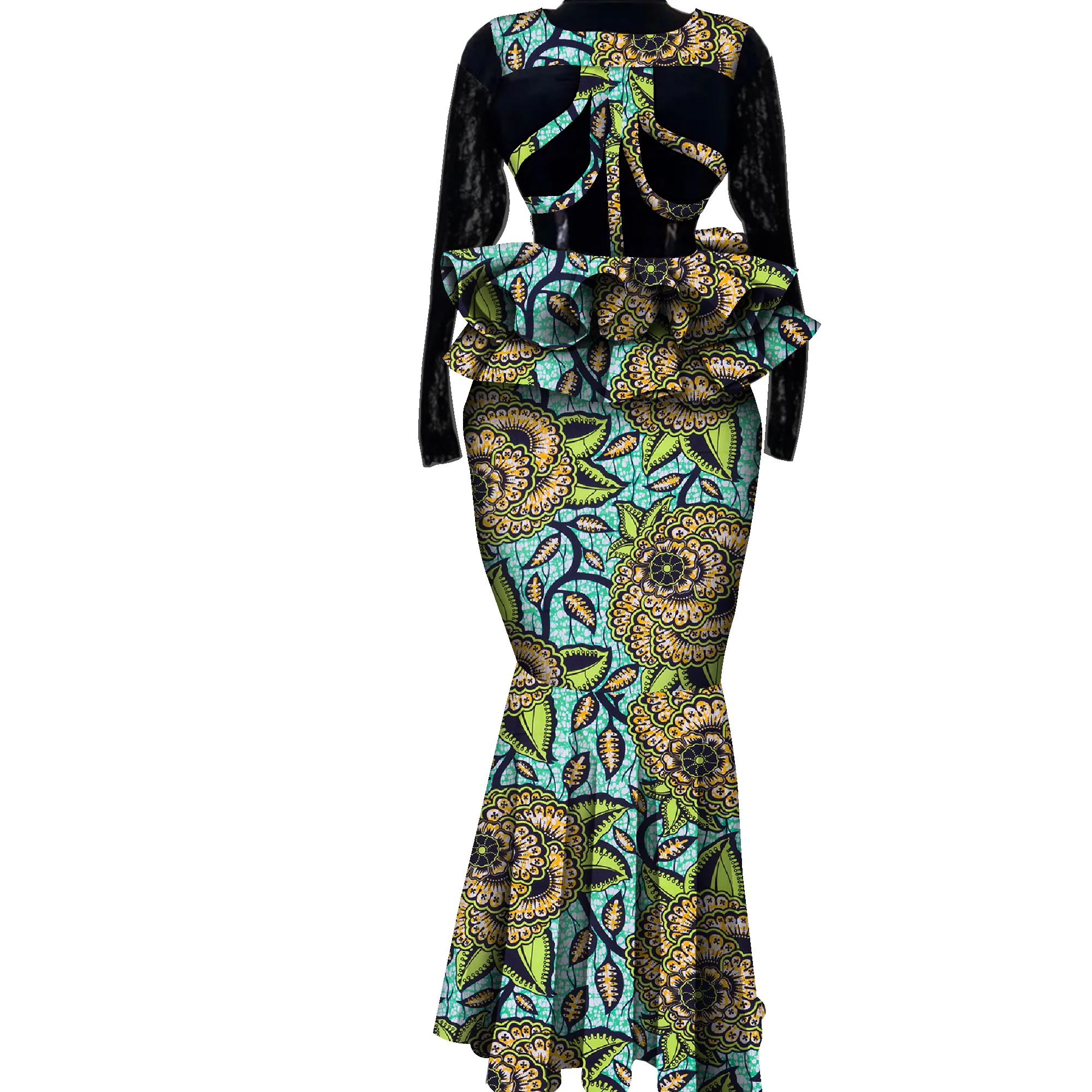 Conjunto de falda de 2 piezas para mujer, ropa con estampado africano, conjunto de top y falda de retazos, ropa de fiesta de boda de manga larga KG1324