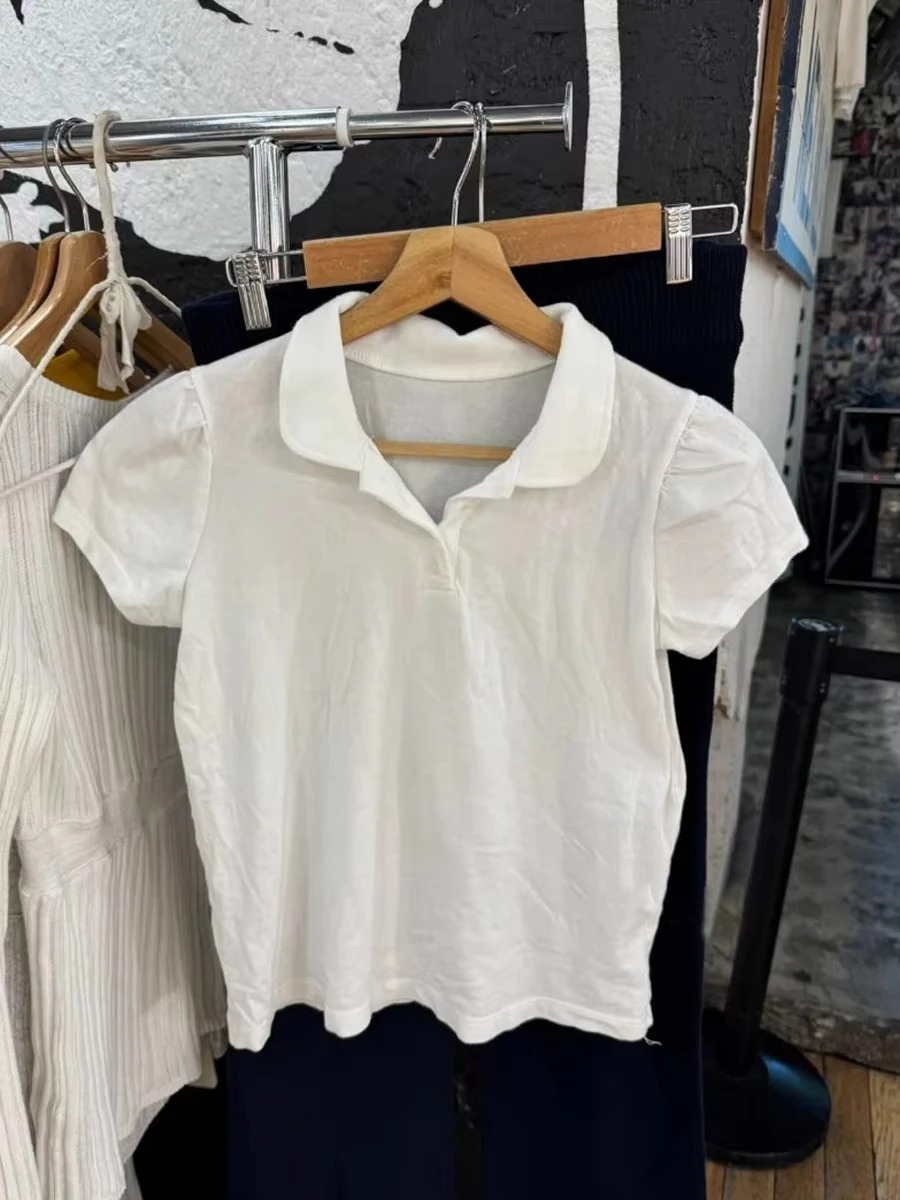 Polo White Cotton T-shirt Women Summer New Strweetwear  Turn Down Collar Short Sleeve Tees Sweet Preppy Style Cute T Shirt Y2K