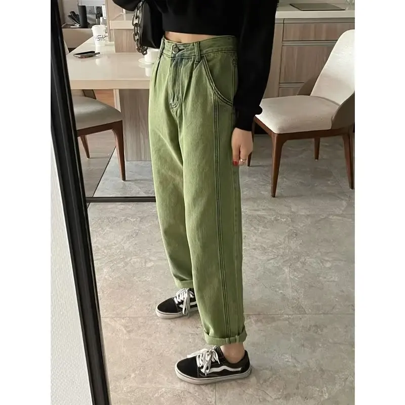 Calça jeans feminina de cintura alta verde, jeans de pernas largas, reta e solta, streetwear feminino casual, calça coreana vintage, Y2K, nova, outono, 2023