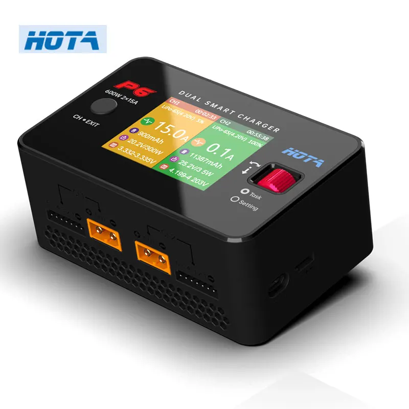 HOTA P6 Podwójna inteligentna ładowarka AC240W DC600W 15A do akumulatorów Lipo LiIon NiMH z ładowaniem iPhone Samsung typu C