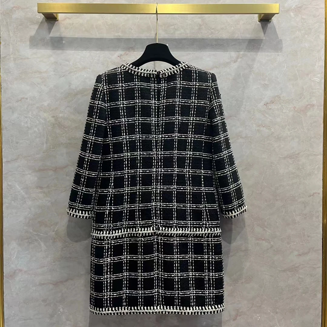 2023 primavera Runways donna di alta qualità Designer nero bianco Plaid Tweed Dress 100% fodera in seta C111