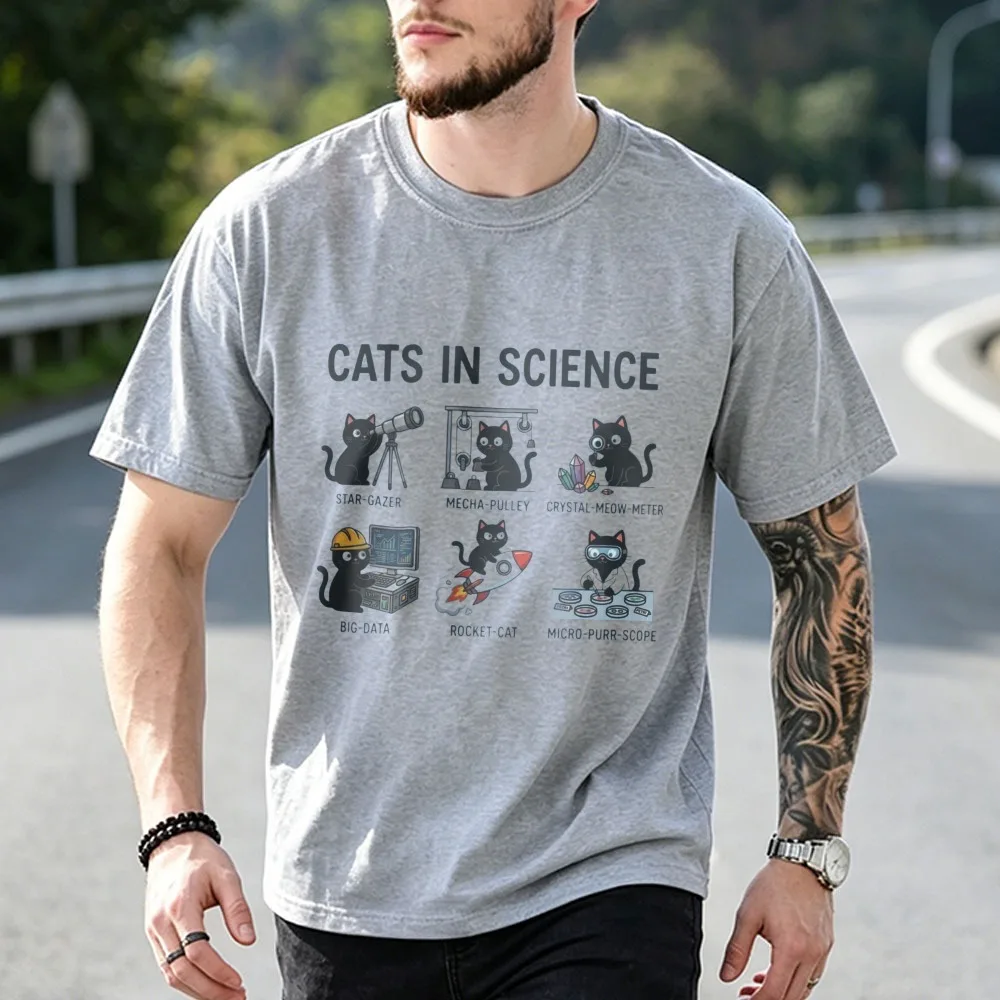 Cats in Science T-Shirt Cute Science Cat Illustrations Streetwear Trendy Geek Nerd Casual Cotton Tops Cool Animal Lover Apparel