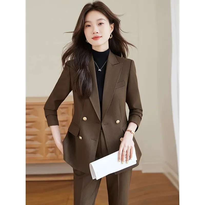 New Office Ladies Two Piece Sets Womens Outifits 2026 Spring Fashion Long Sleeve Double Breasted Blazer Plain Elegant Pants Set