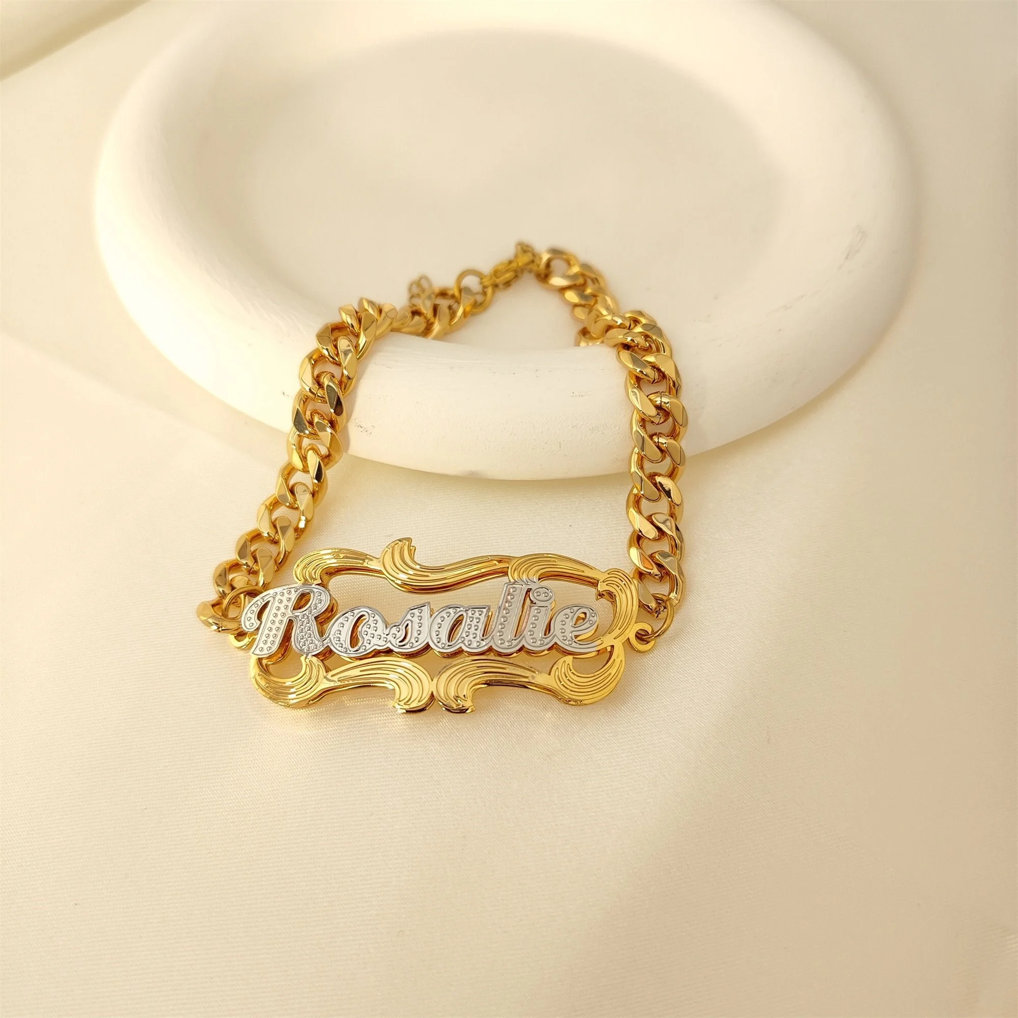 Personalized Two-Tone Name Bracelet Custom 3D Gold Name Bracelet Handmade Double Nameplate 8mm Cuban Chain Gift for Her