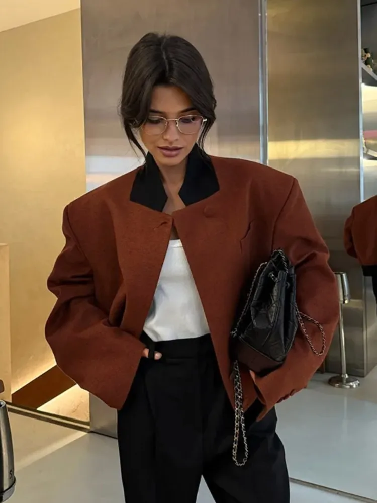 

Chic Contrasting Loose Jacket Women Elegant Stand Collar Long Sleeves Single Breasted Coat 2025 Autumn Street Casual Outwears