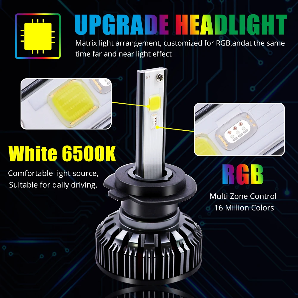 H4 H7 LED Car Headlight Bulbs COB RGB LED Headlight H1  H11 H13 880 9005 9006 9012 LED APP Bluetooth Control Multi-color 25W