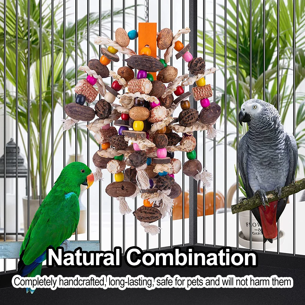 Large Parrot Chewing Toys Wooden Bird Cage Toy Natural Nuts Corn Parrot Toy for African Grey Macaws Cockatoos Other Large Birds