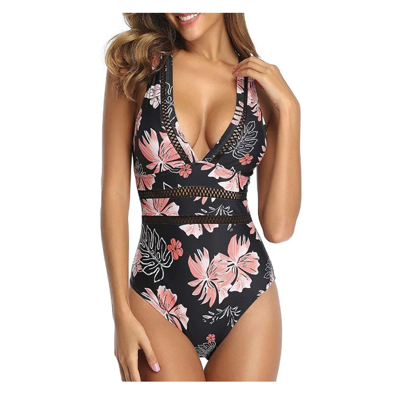New European and American One-piece Swimsuits with Women's V-neck Hollow Mesh Bikini Amazon