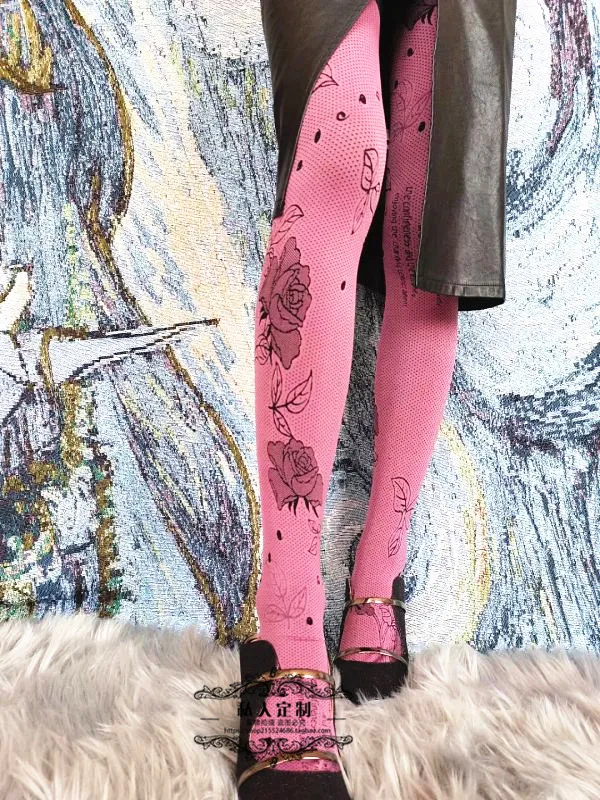 ANGEL Original Design Women Pantyhose French‑Style Retro Embroidered Rose & Castle Pattern Versatile Pink Fashion Hosiery Tights