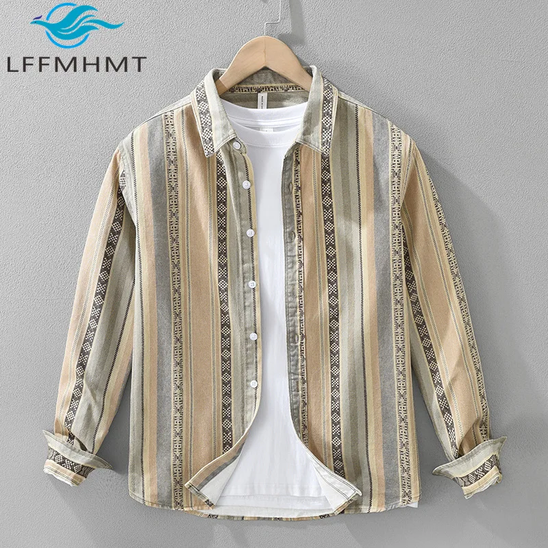 

7618 100% Cotton Hongkong Style Vintage Print Striped Long Sleeve Shirt for Men Business Casual Relax Fit Lapel Blouse Male