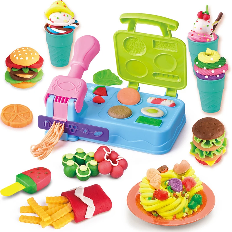 

Children Handmade Cloud Slime Color Clay Creative Playdough DIY Hamburger Plasticine Noodle Machine Cone Mold Kitchen Toys Set