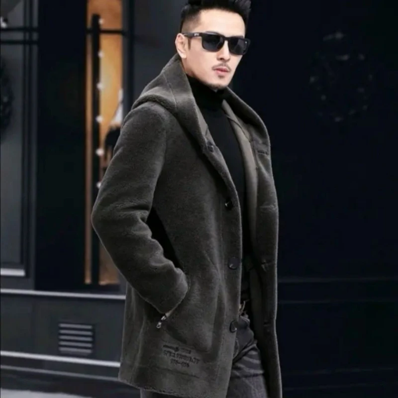 Men Winter Long Casual Thick Fleece Hooded Waterproof Jacket Male Real Fur Wool Coat  Outwear Vintage Clothing   G436