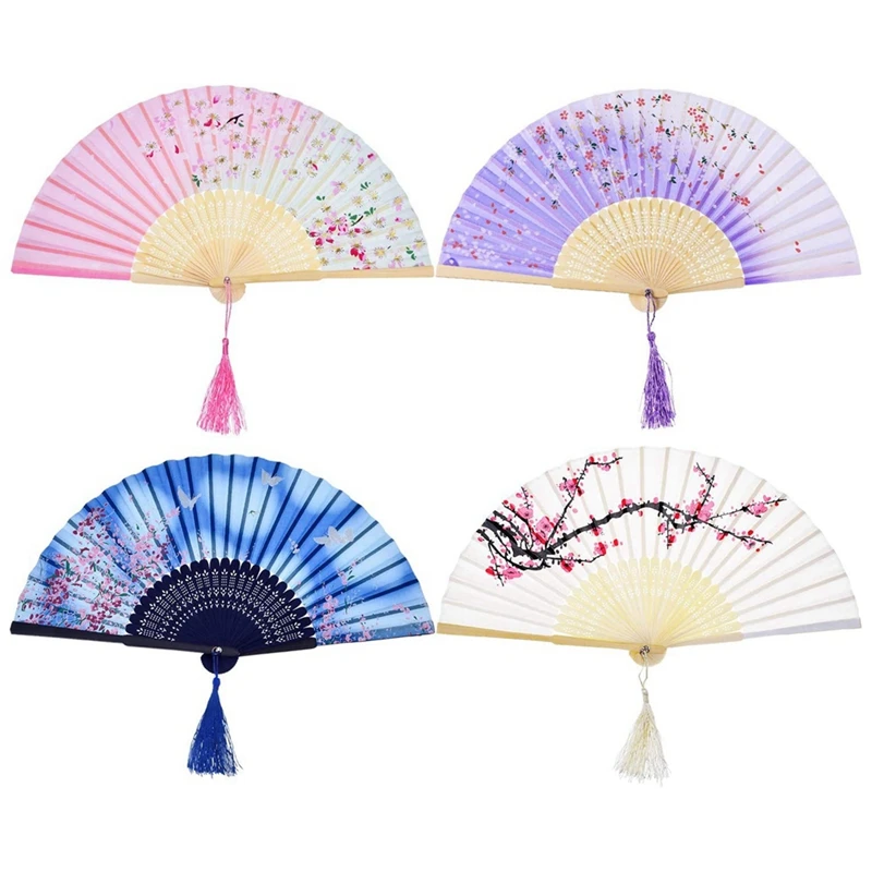 4Pack Handheld Floral Folding Fans Hand Held Fans Silk Bamboo Fans With Tassel Women's Hollowed Bamboo Hand Holding Fans