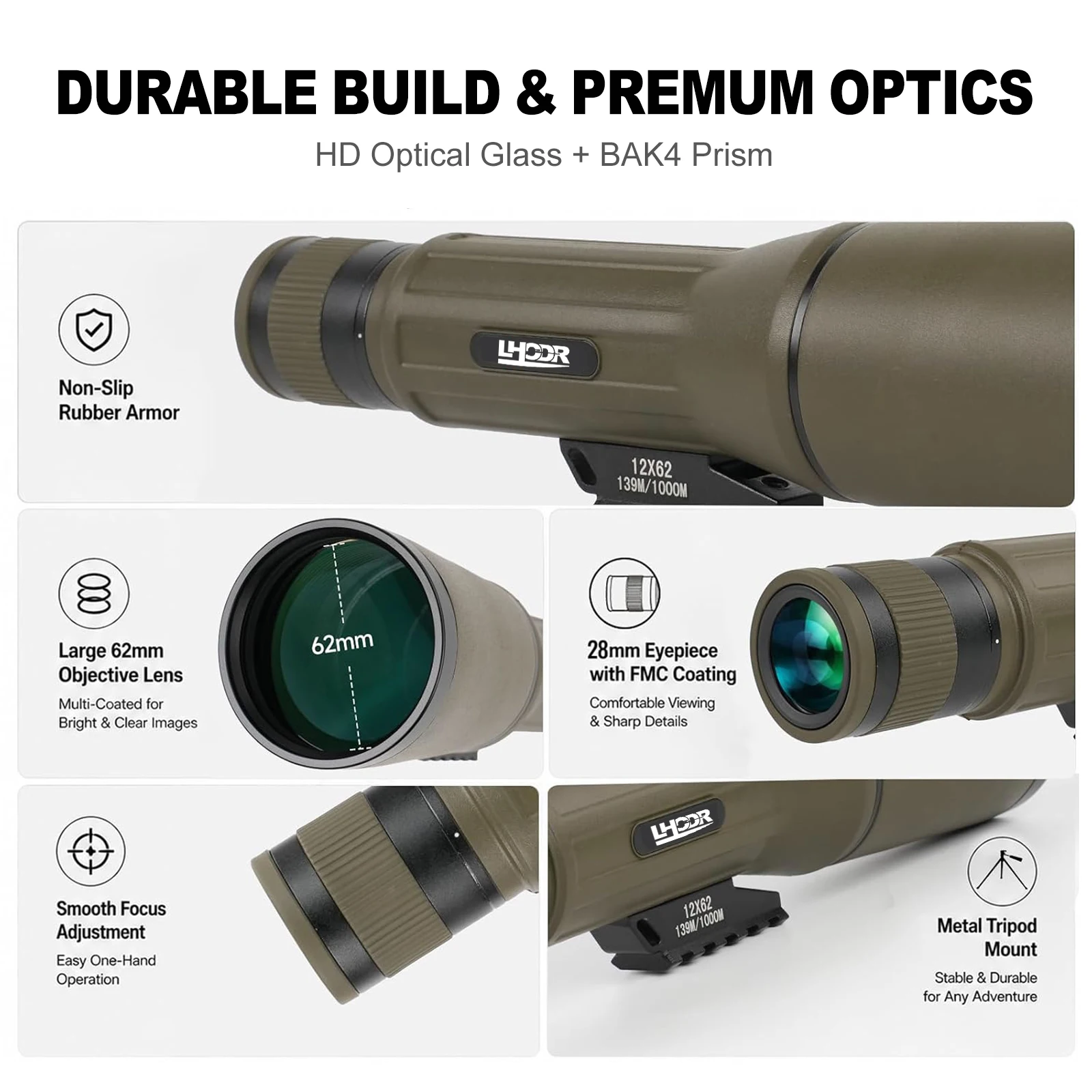 12x62 HD Monocular Telescope with Tripod – High Power Portable Scope for Bird Watching, Hunting, Hiking, Camping & Wildlife Observation (Army Green) 6