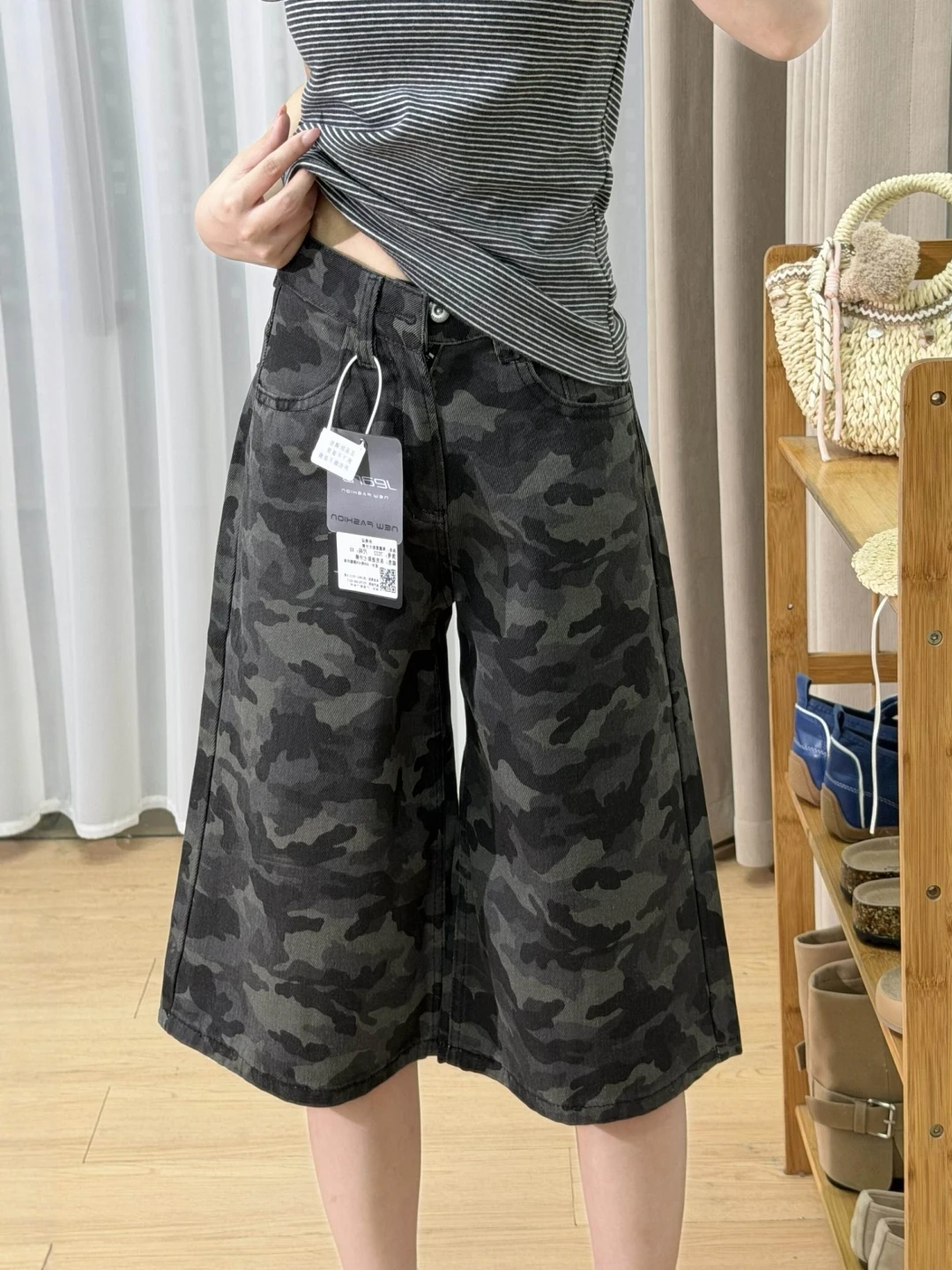

American Style Camouflage Wide Leg Jeans Women's Summer plus Size Casual Slimming Workwear Straight Short Pants