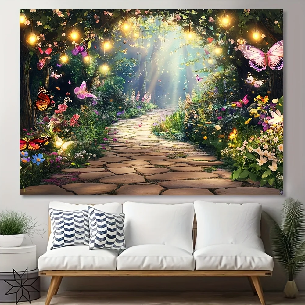 نسيج مسار الغابة المسحور - فن جداري للحديقة السحرية مع الفراشات والزهور لتعزيز جمال المنزل