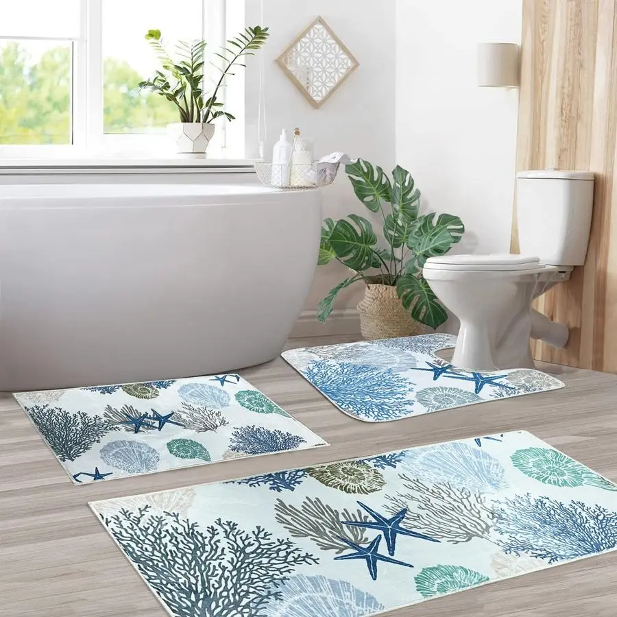 

Sea Life Bathroom Rugs Sets 3 Piece Blue Runner Bath Mat Set with U Shaped Toilet Rug Non Slip Washable Bath Rugs for Sink Tub S