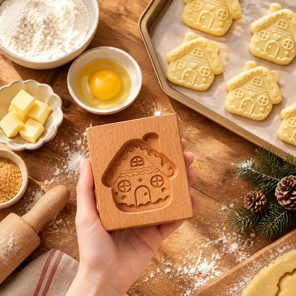 Christmas Wooden Cookie Stamp Mold Gingerbread Man Sock House Acorn Embossing Tool for Home Holiday Baking DIY Cookie Making