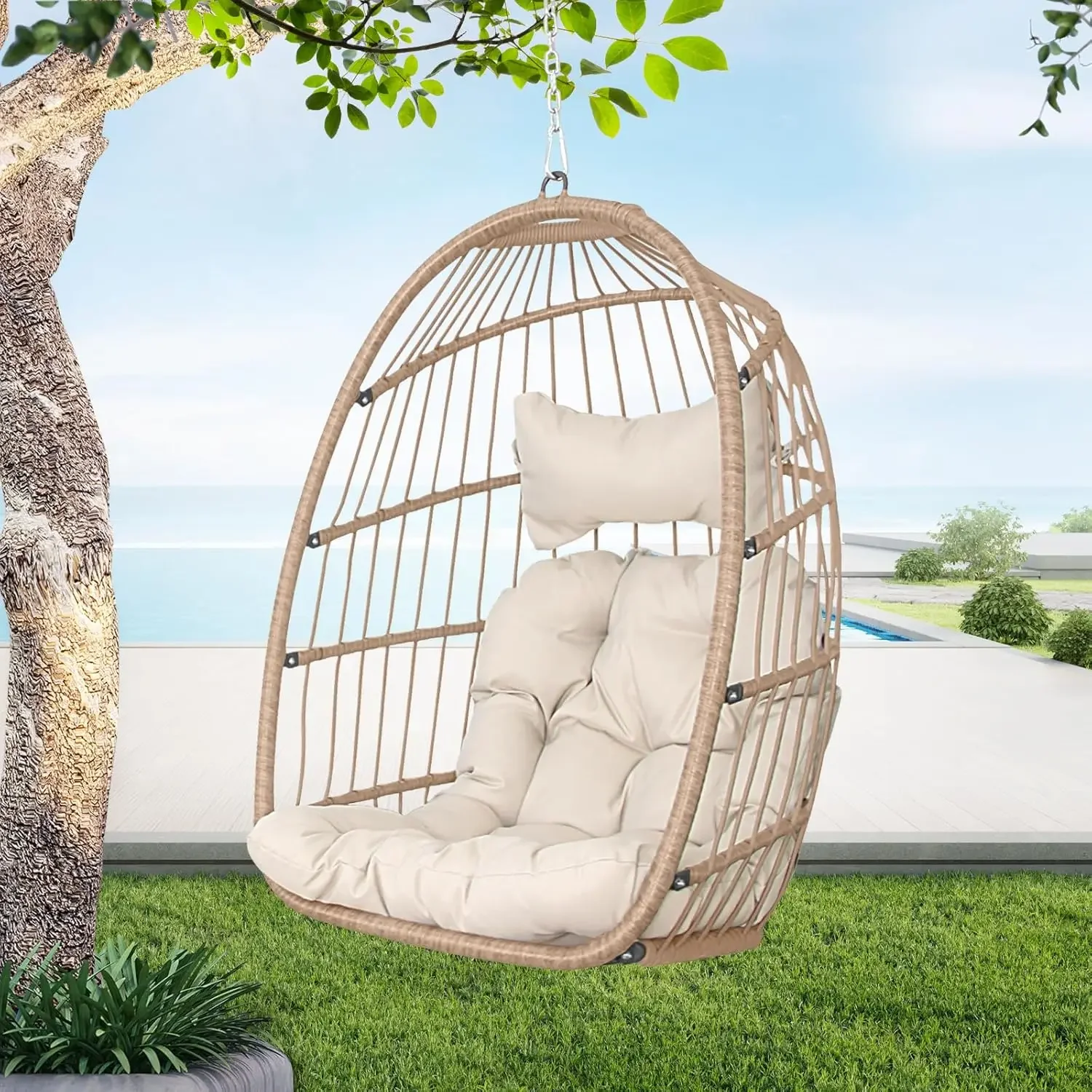 Swing Egg Chair Without Stand Indoor Outdoor Wicker Rattan Patio Basket Hanging Chair no Stand with UV Resistant Cushions