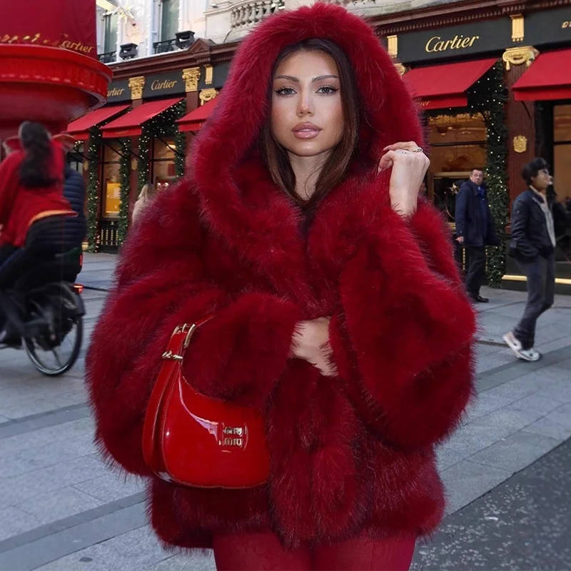 Trendix Red Faux Fur Hooded Coat Femme Fashion Oversized Sleeve Solid Cardigan Top 2025 Winter New High Luxury Elegant Outerwear