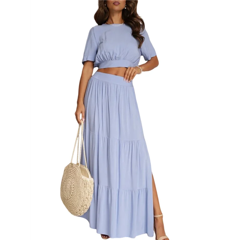 

AOAO-Women's 2025 Summer Flowy Boho Maxi Skirt Trendy Slit Elastic High Waist A Line Beach Long Skirts