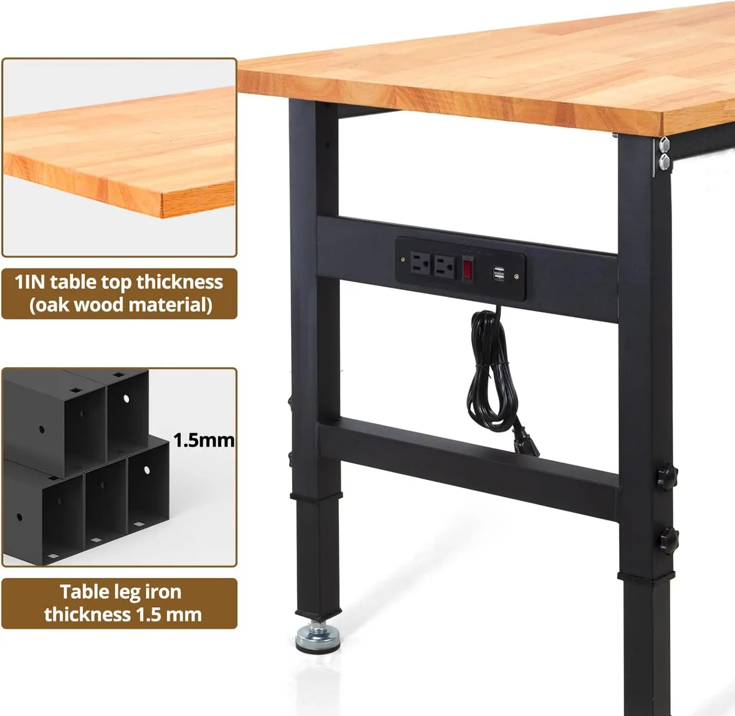 Établi avec capacité de charge de 2000 lb, table de travail en bois dur avec prises de courant pour garage et travail