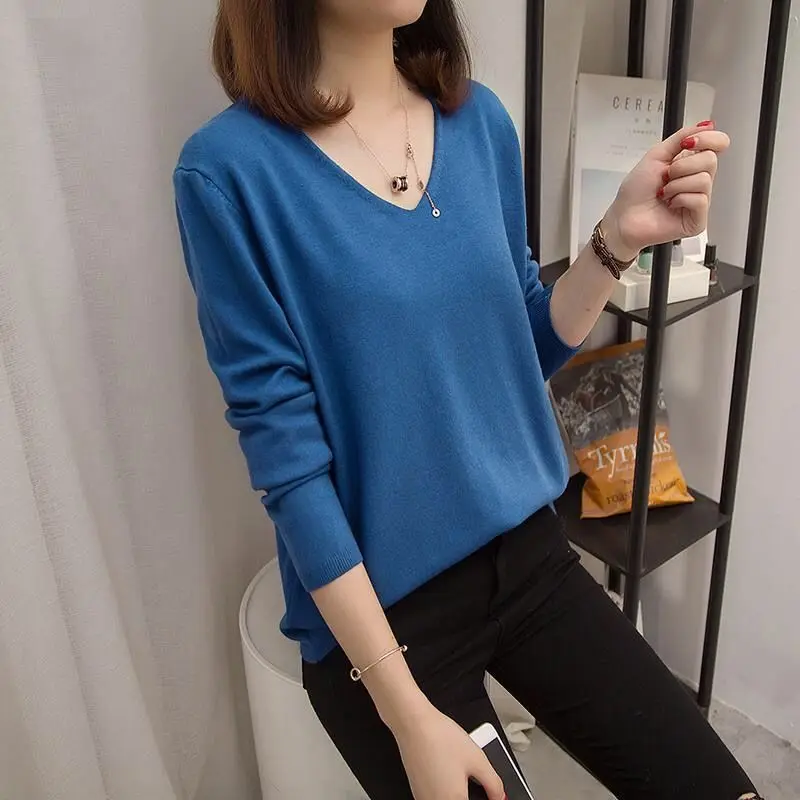 Suéter de punto con cuello en V para mujer, Jersey informal de gran tamaño, Tops coreanos de Color sólido que combinan con todo, moda de otoño, novedad de 2023