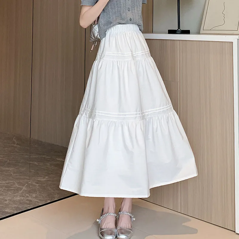 Summer Casual White Long Skirts Women Korean All-Match High Waisted Midi Skirts Ladies Elegant Patchwork A-Line Pleated Skirt