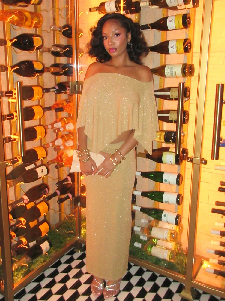 

Kliou Bright Silk 2 Piece Set Woman Slash Neck Half Sleeve Crop Tops+High Waist Long Skirts Evening Party Elegant Hipster Suits