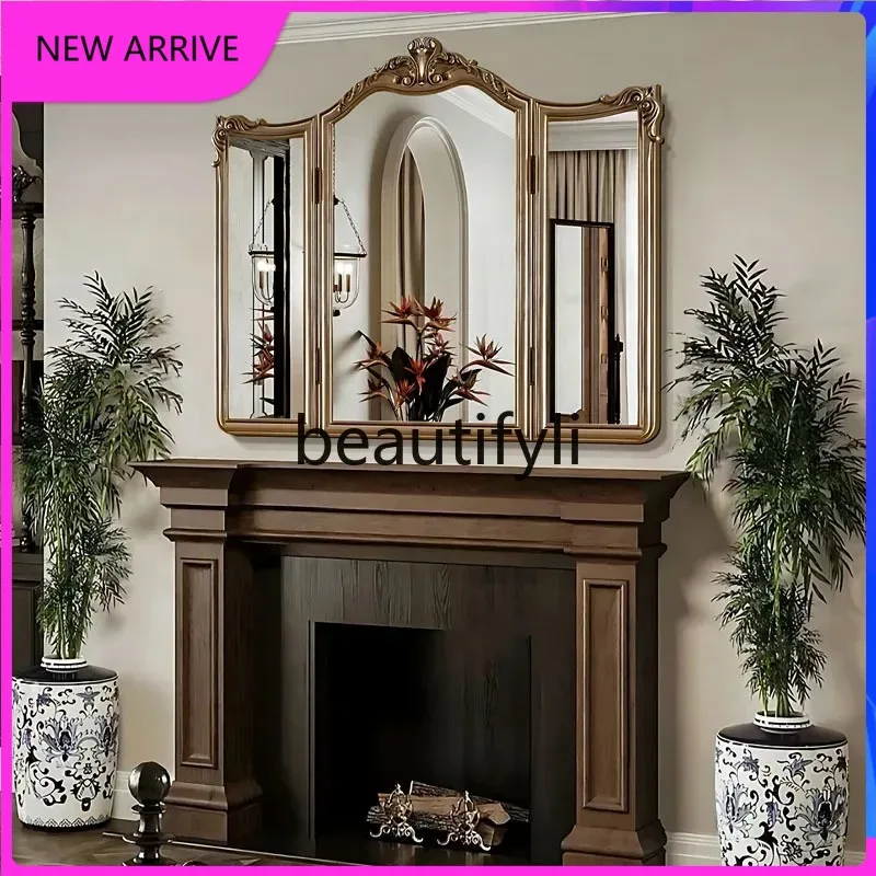 b573  French vanity mirror, desktop American retro bedroom makeup, European folding three-sided mirror