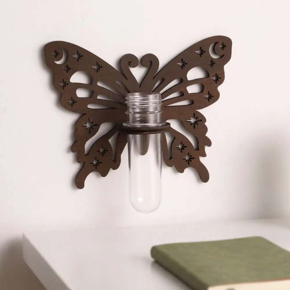 Wooden Hydroponic Planter Shelf Vase Home Ornaments Wall Mounted Planter Butterfly-Shaped Hollow Out Wall Decoration