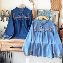 Japanese mori girl autumn spring flowers embroidery denim shirts and blouses women long sleeve cartoon bunny jean tops