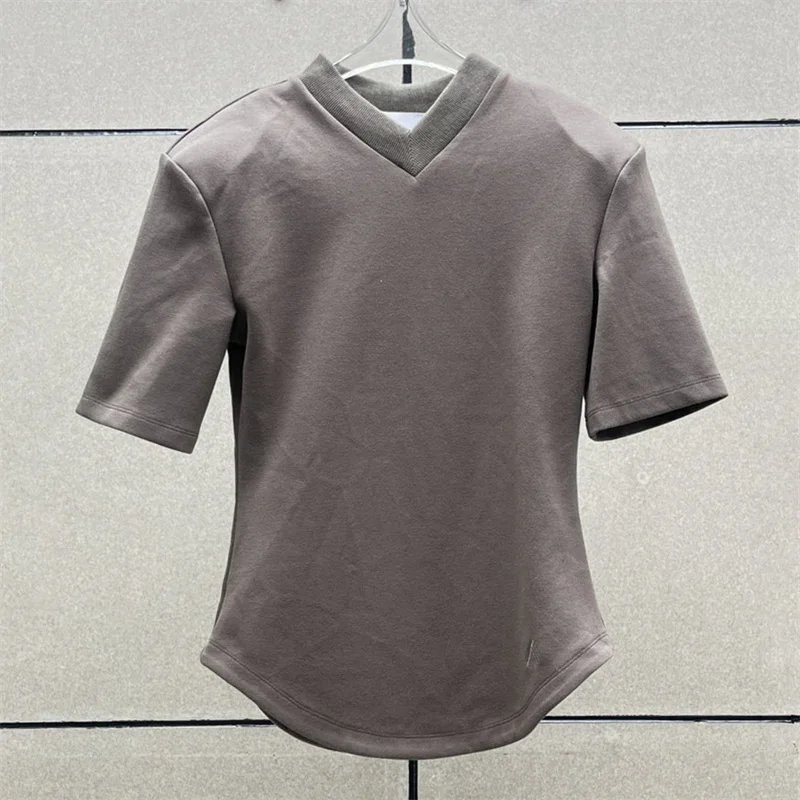 T-shirt 2024 Summer New Korean Fashion V-neck shoulder pad pullover Elastic knitting Cotton Slim Short sleeved top y2k Women top