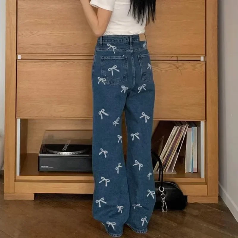 2024 Women Vintage Sweet and Spicy Style Bow Print Loose Jeans Street Casual Style Spicy Girl Straight Pants