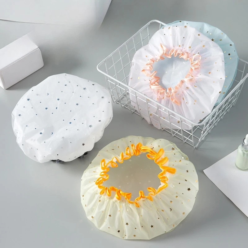 Waterproof Double-Layer Shower Cap Mesh Stars Design Fashion Reusable Bathing Hat Kitchen Oil-proof Sanitary Hat