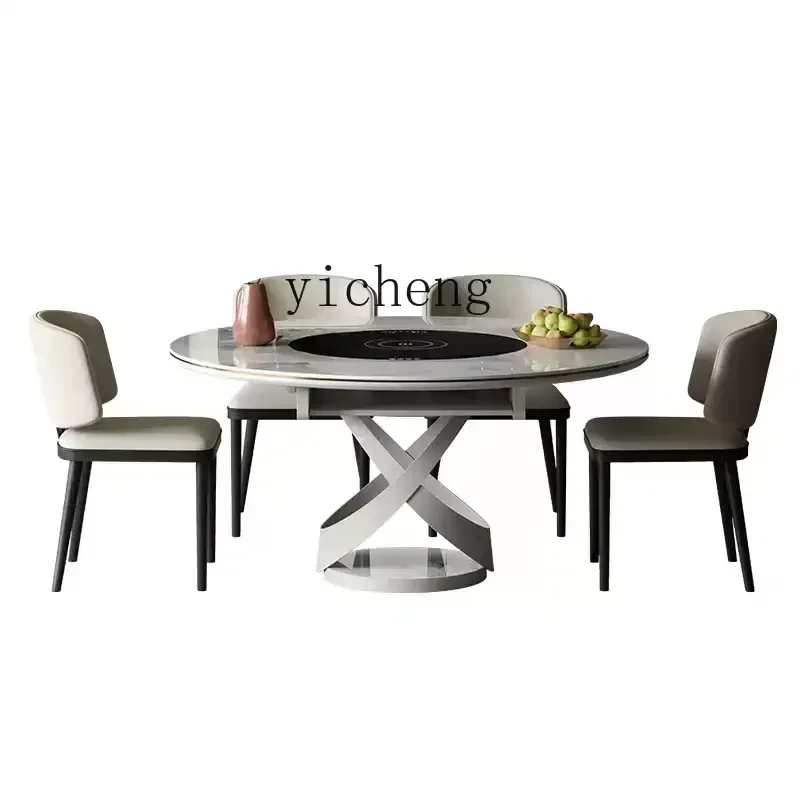 ZWS. Slate Dining Table Retractable Cream Wind Multifunctional Folding Round Table with Induction Cooker