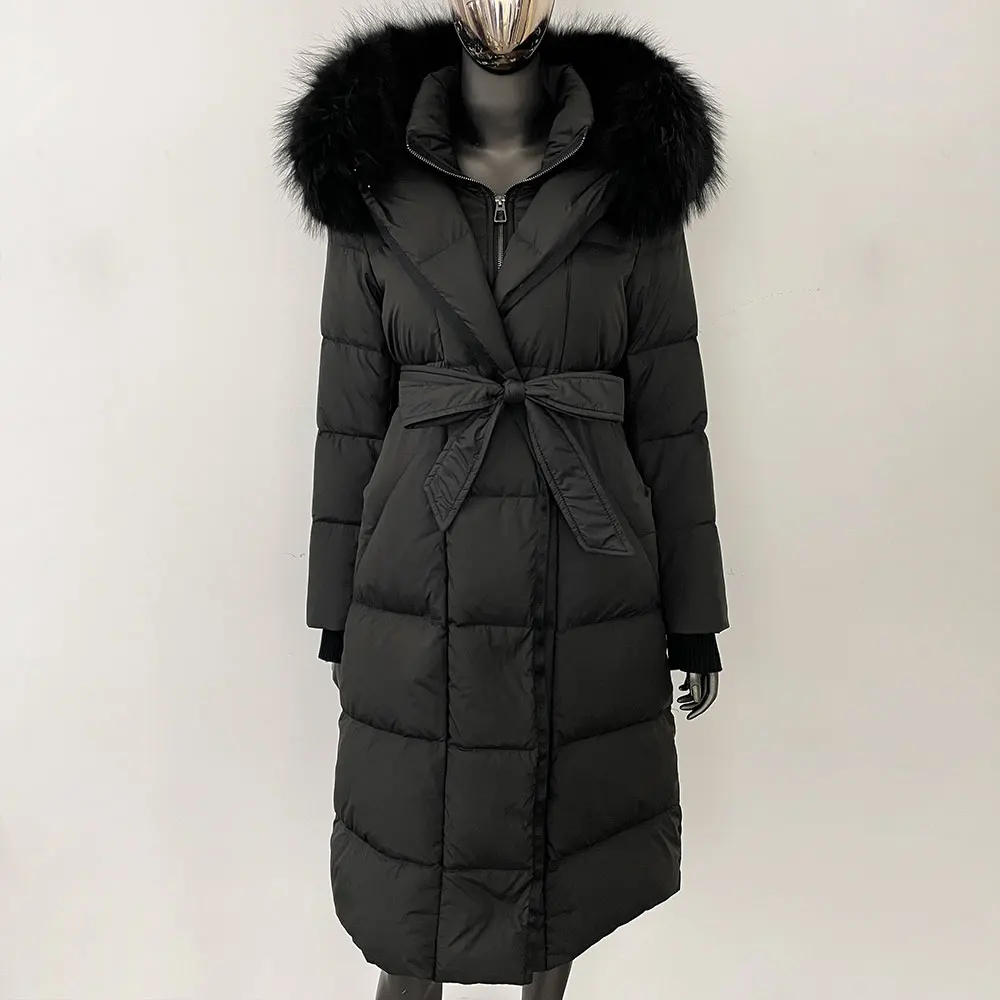 أسفل سترة النساء الشتاء ريال الطبيعي الثعلب الفراء مقنعين انفصال طوق حزام الأبيض أوزة أسفل معطف طويل عارضة أنيقة overwears #2