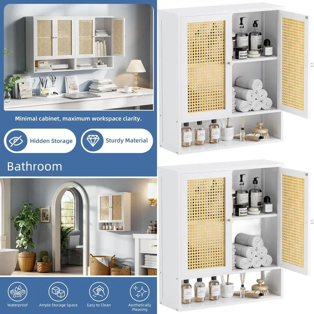 

White Bamboo Over-the-Toilet Storage Cabinet with Adjustable Shelf for Living Spaces, Kitchen, and Hallway