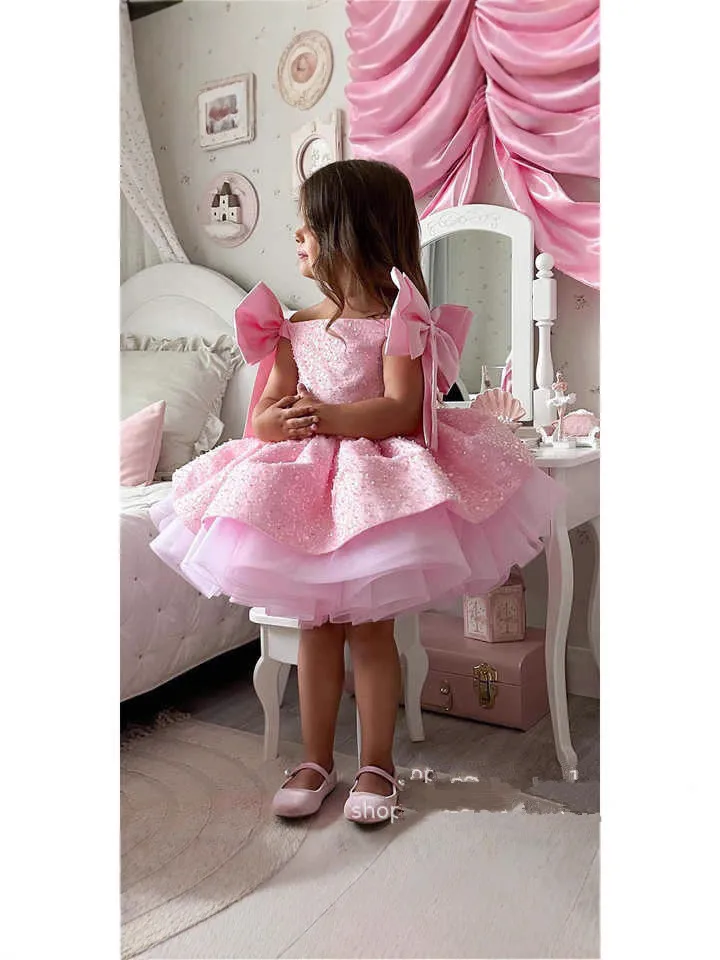 

Ball Gown Children Cute Bow Design Birthday Wedding Party Dress y1663 Light Luxury Girls Pink Princess