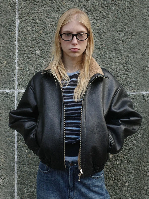 Cool Thiened fourrure d'agneau Jaet femmes automne hiver nouveau Sle petite taille col montant en cuir PU manteau chaud vêtements d'extérieur décontractés