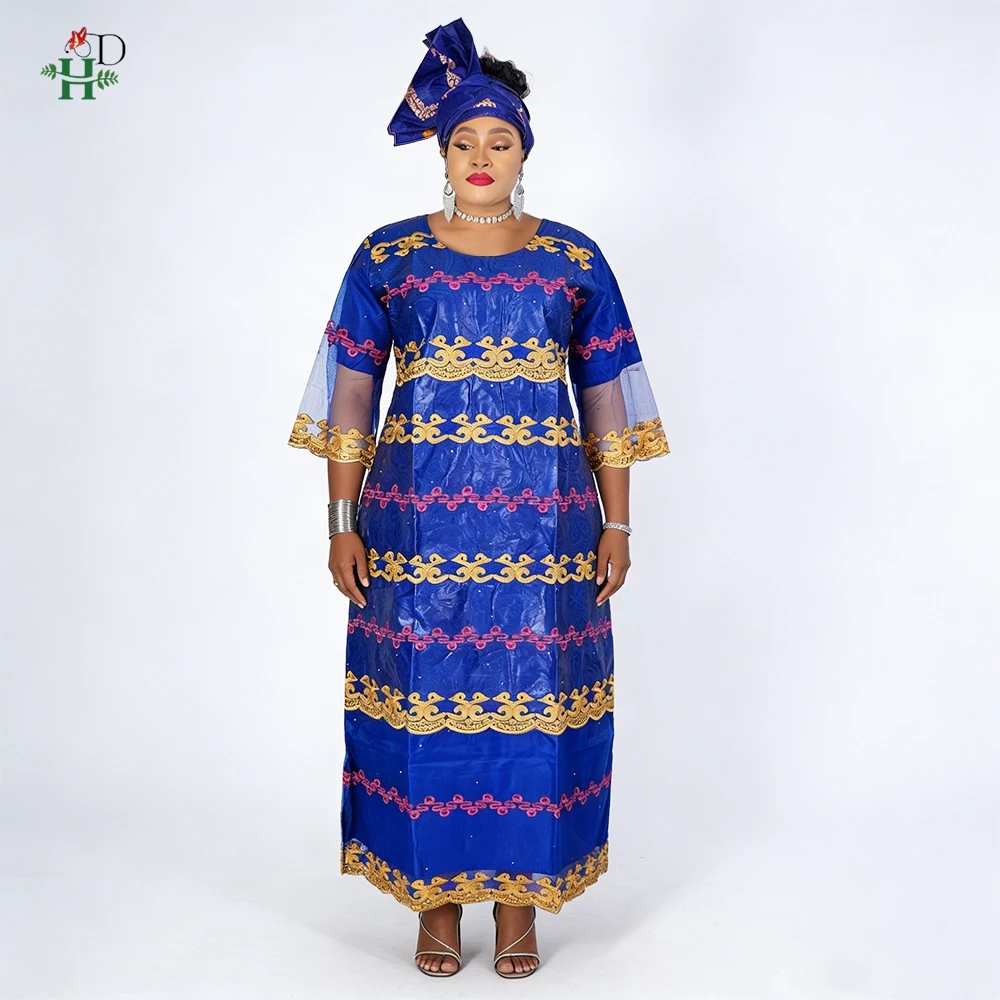 Vestidos africanos H&D para mujer, vestido bordado Bazin Riche, vestido con encaje y patchwork, con turbante, vestido de dama para boda, Ramadán