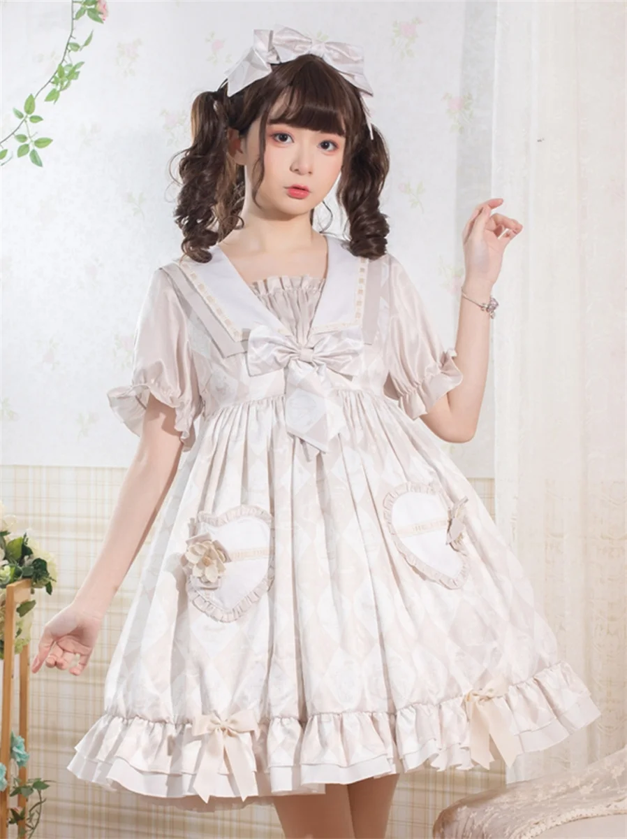 

French Fairy Tale Style Lolita Cosplay Elise Rabbit Op Girls Sweet Solid Color Puff Sleeve Elegant Love Bowknot Ruffle Dress