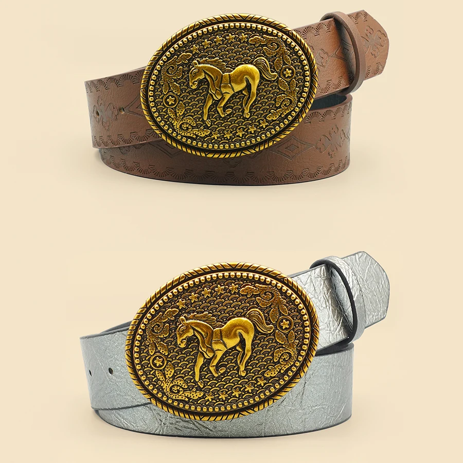 西洋レトロレディースベルト、彫刻馬イメージバックル付き、ジーンズベルト、デイリーカジュアル多用途ベルト
