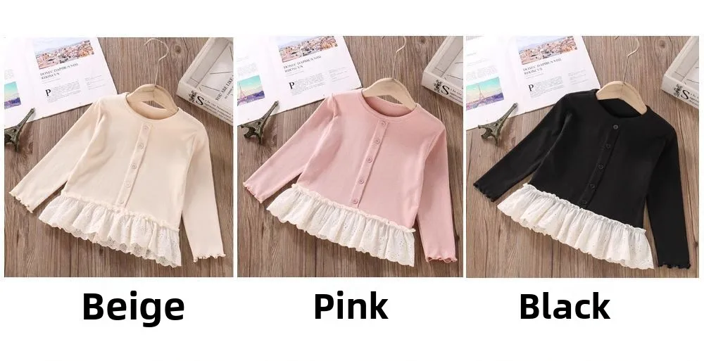 Herbst Neuheiten Mädchen T-Shirts mit Knöpfen Spitzen-Patchwork Langarm-Blusen Bequeme Oberteile für Kinder Mädchenkleidung – Detail 10
