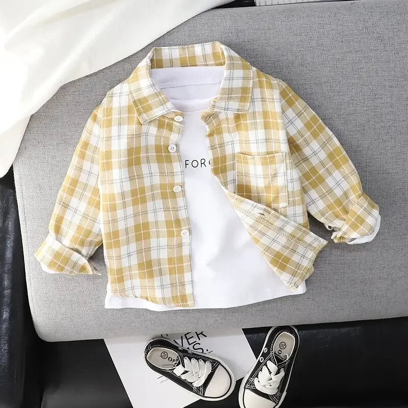 IENENS Kids Shirt Clothes Spring Thin Blouses Clothing Infant Boy Plaid Cotton Tops 1 2 3 4 Years Kids Long Sleeves Shirt