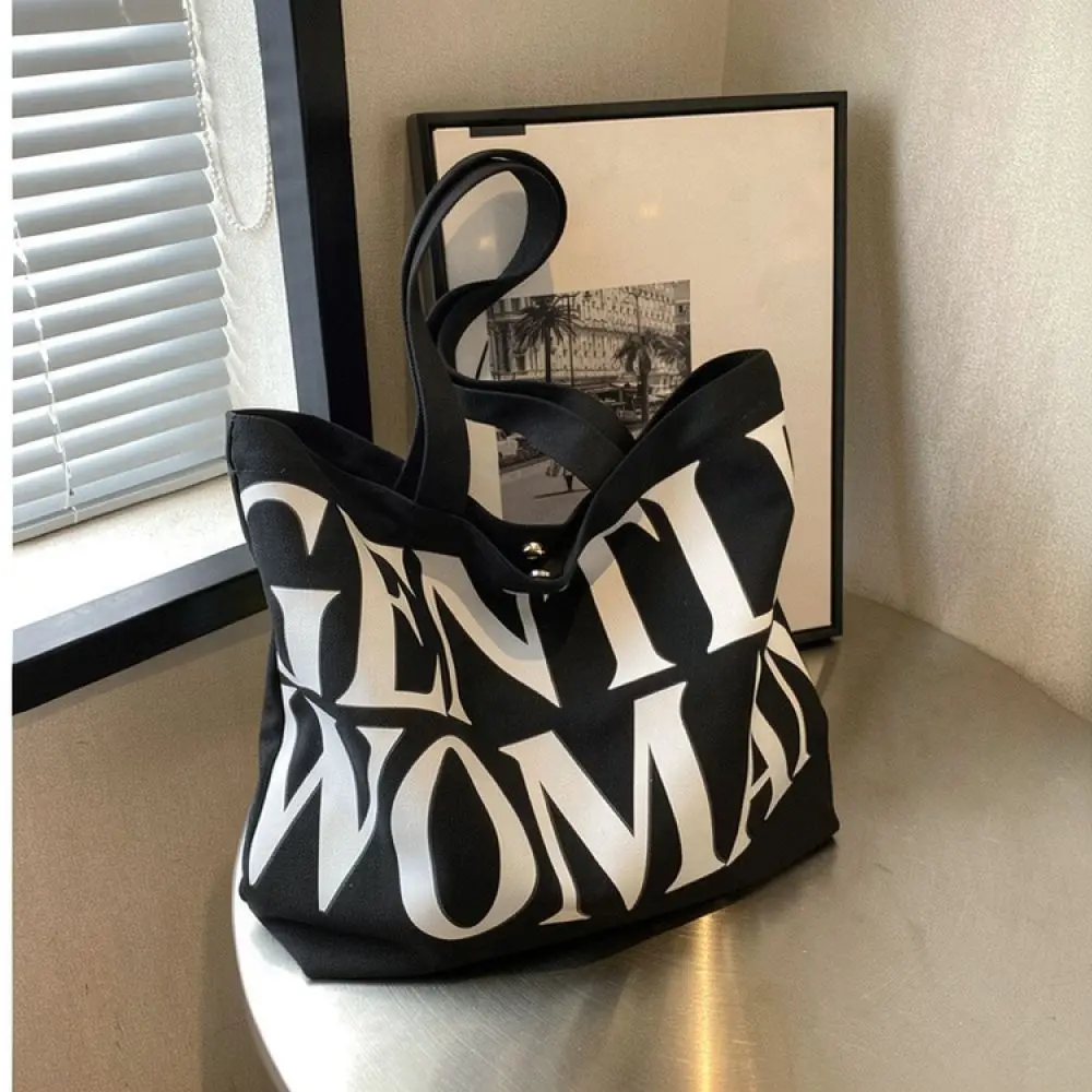 Casual Canvas Shoulder Tote Bag Women Large Minimalist Handbag Letter Print Spring Commuter Fashion Shopper Daily Purse