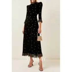 YUNLAN Luxury Dubai Rhinestone Beaded Velvet Elegant Party Long Sleeve Evening Gown 2024 Black Special Event Formal Midi Dress