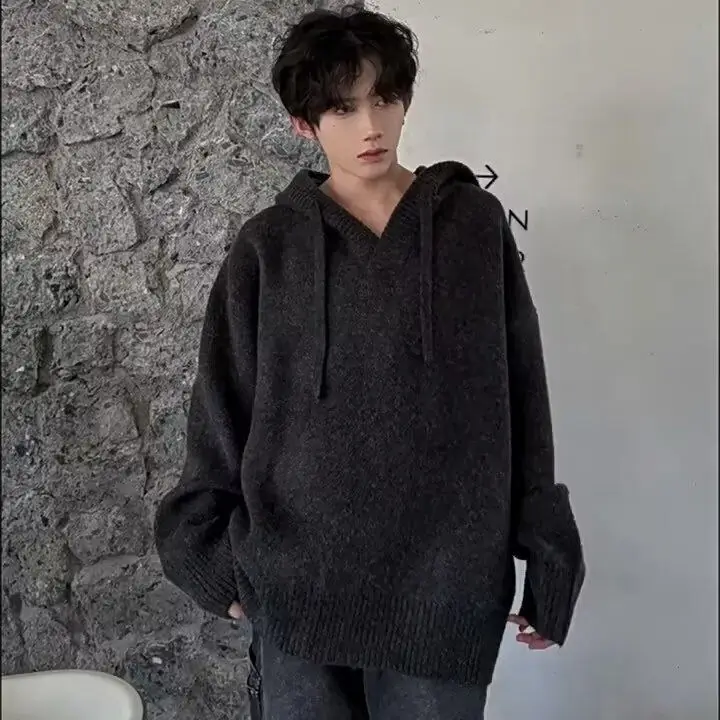 

American Sle Hooded College Knitwear Men's Set Autumn Winter High Sensation Men's Knitted irt Casual Loose Fit Long Sv...