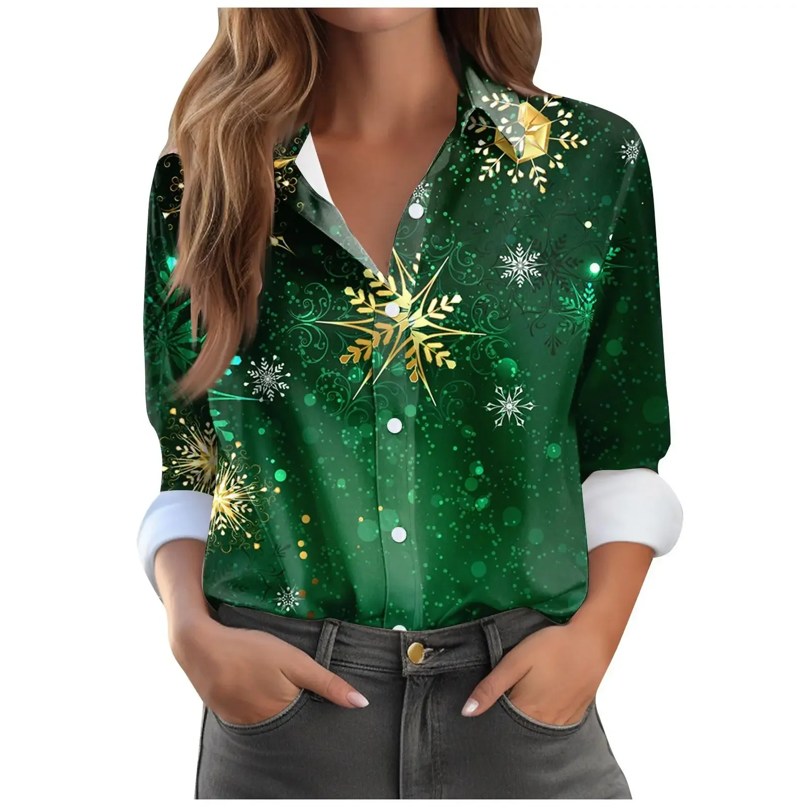 Zielono-czerwone koszule damskie z nadrukiem świątecznym, płatki śniegu, modne bluzki na jesień, nowe, z długim rękawem, luźne bluzki, koszule damskie na przyjęcie świąteczne.